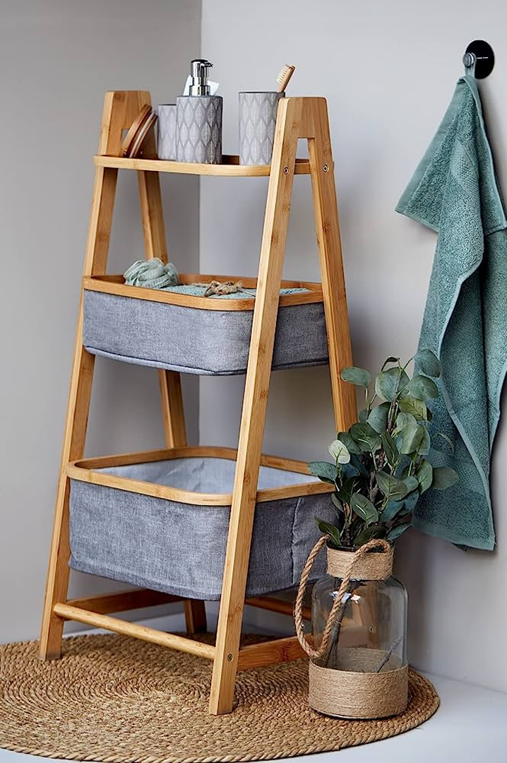 Bahari Shelf 3 Tiers with Walnut Wood and Fabric Baskets