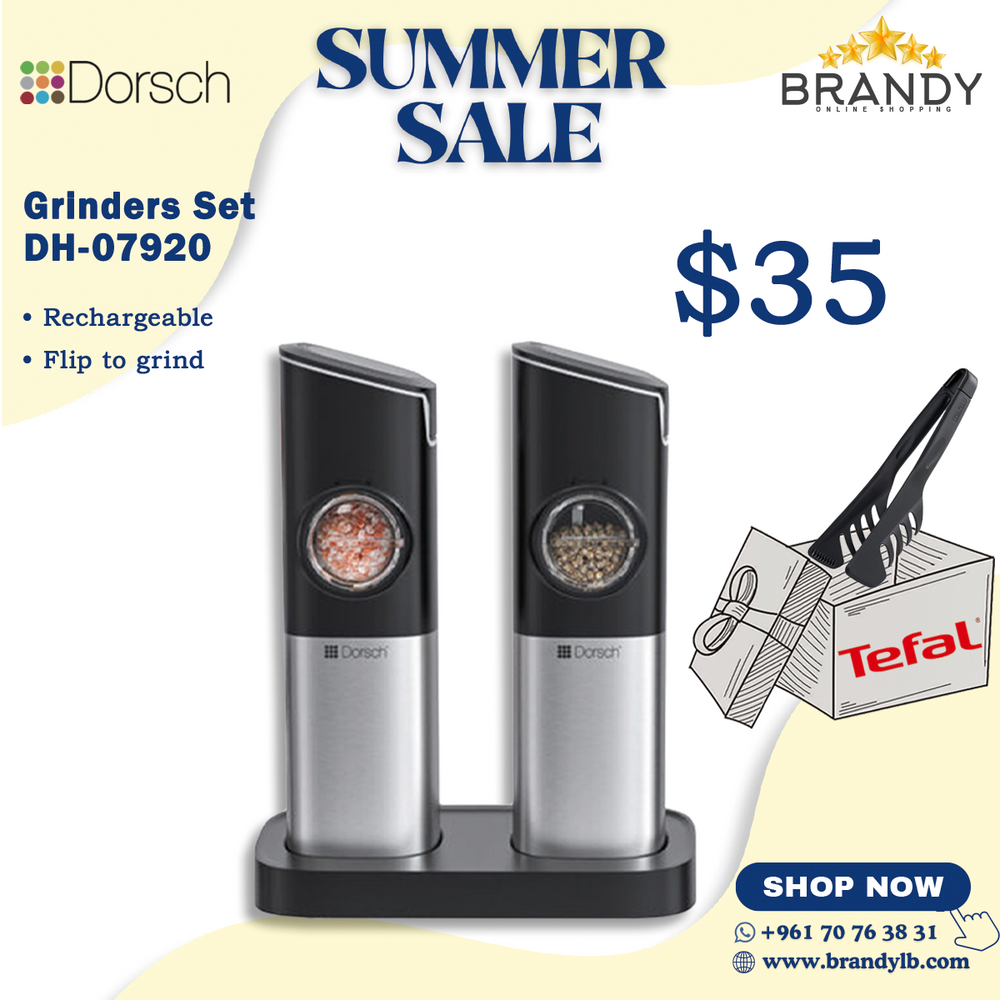 Salt & Pepper Electric Shakers DH-07920, Rechargeable, Gravity Activated, Adjustable Coarseness + Free Tefal Tongs