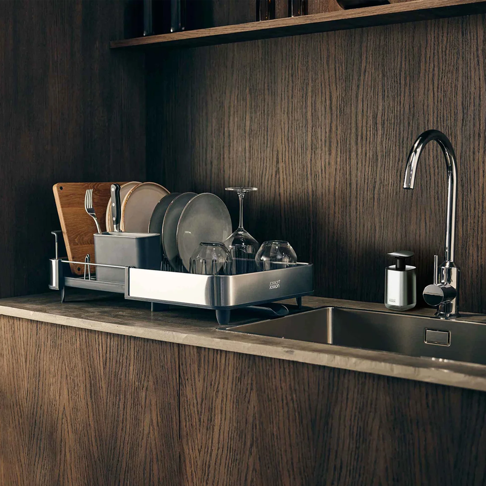 Expendable Stainless Steel Dish Rack with Soap Dispenser