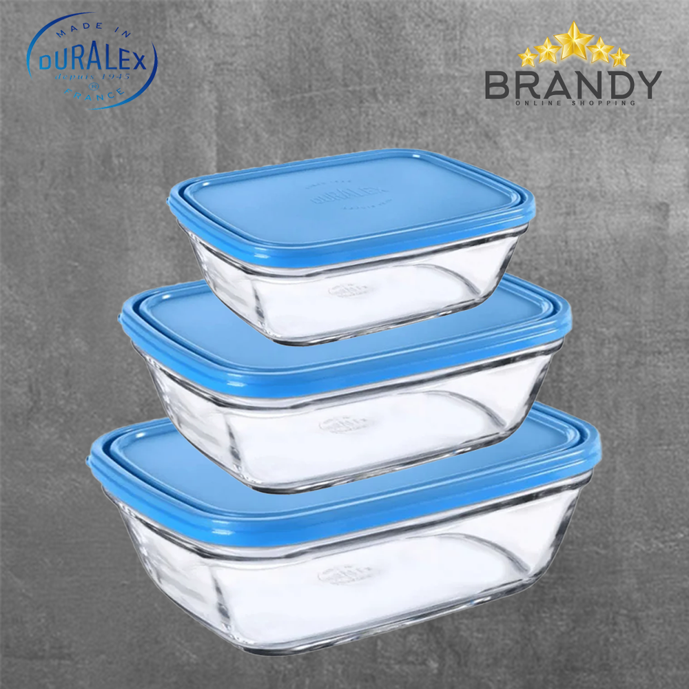 Freshbox Set 3 Blue Rectangular Food Containers Tempered Glass Kitchen Storage
