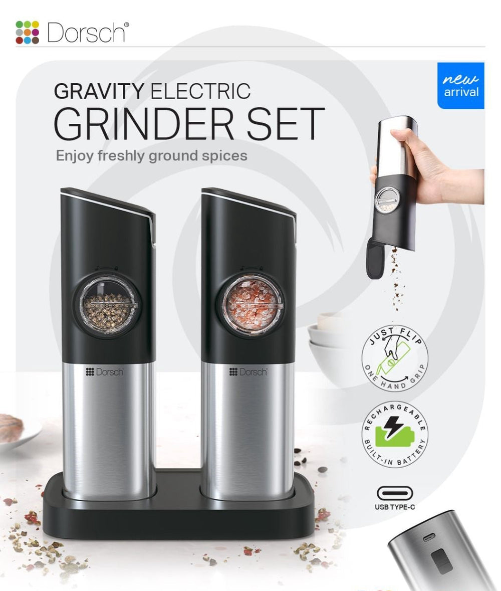Salt & Pepper Electric Shakers DH-07920, Rechargeable, Gravity Activated, Adjustable Coarseness + Free Tefal Tongs