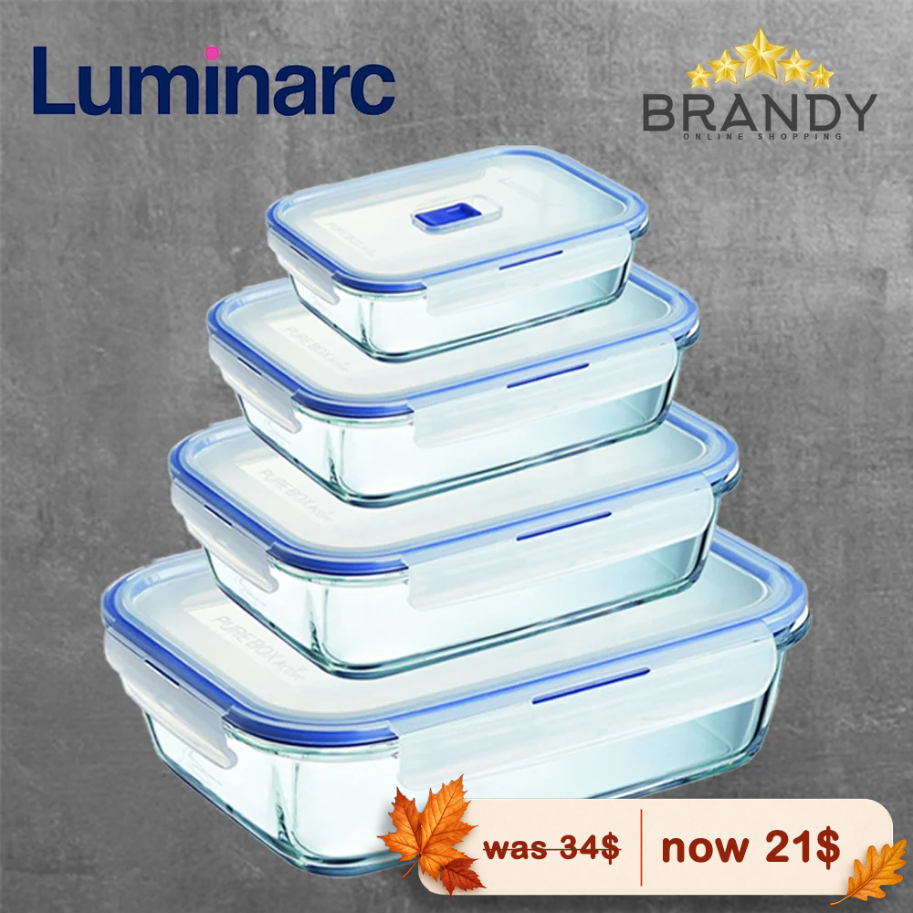 Luminarc Pure Box Active 4-Piece Rectangular Glass Storage Set Blue