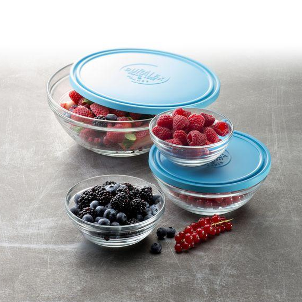 Lys Set 5 Round Food Containers - Tempered Glass, Blue, Microwave Safe