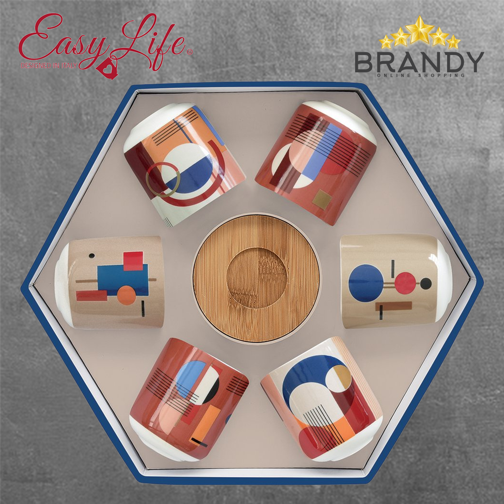 Bauhaus Espresso Cups Set 6pcs, Porcelain with Bamboo Coasters