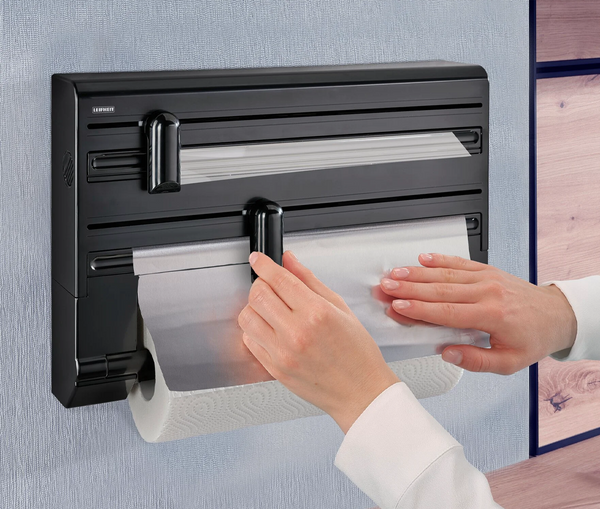 Leifheit Parat Plus Black Wall-Mounted Roll Holder with Cutter & Storage