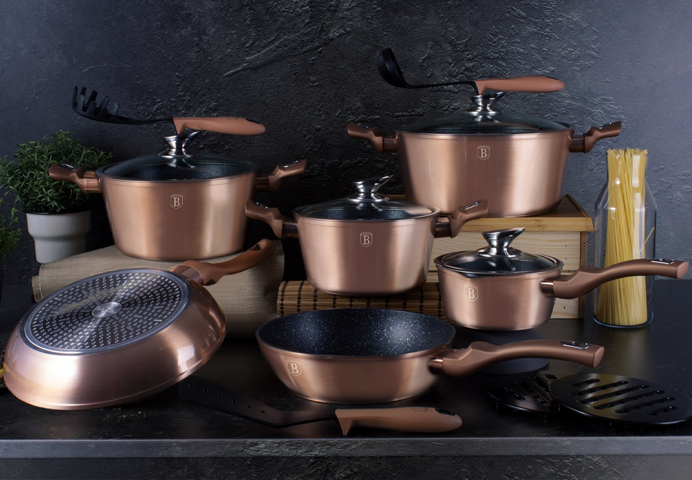 Rose Gold Metallic Cookware Set 15pcs Non Stick Granite Marble Coating