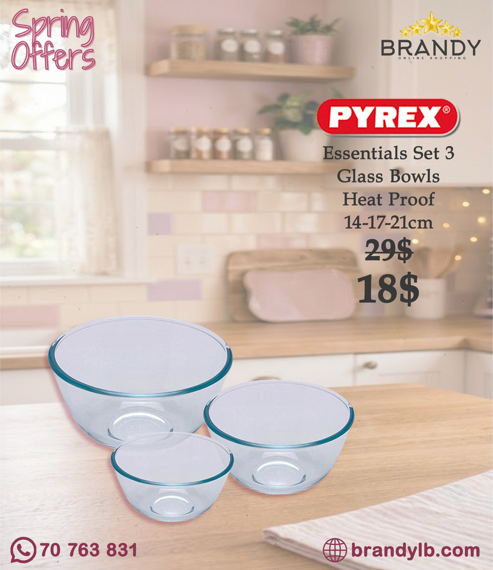 Pyrex Essentials 3-Piece Glass Mixing Bowls Set 0.5L 1L 2L