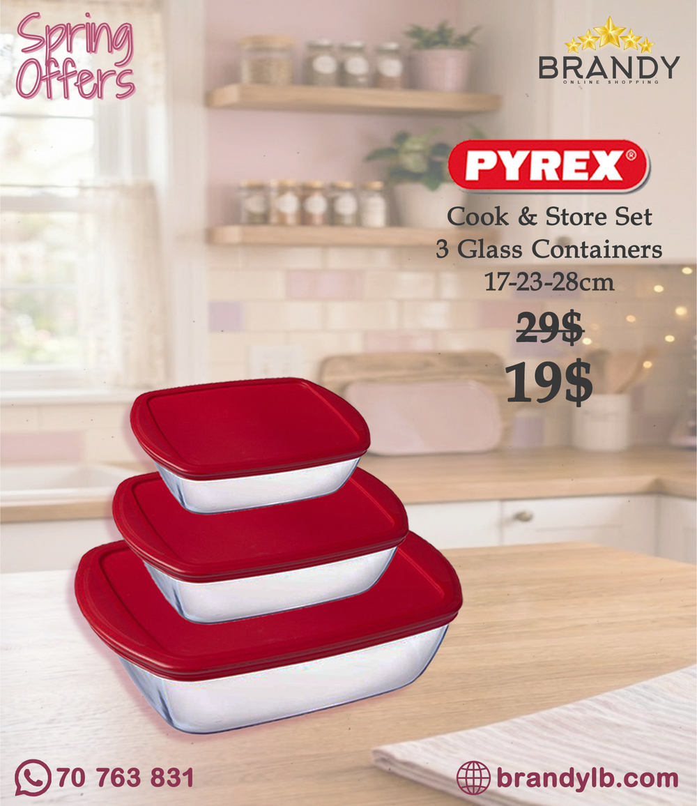 Pyrex Cook and Store Rectangular Glass Set 3 with Red Lids