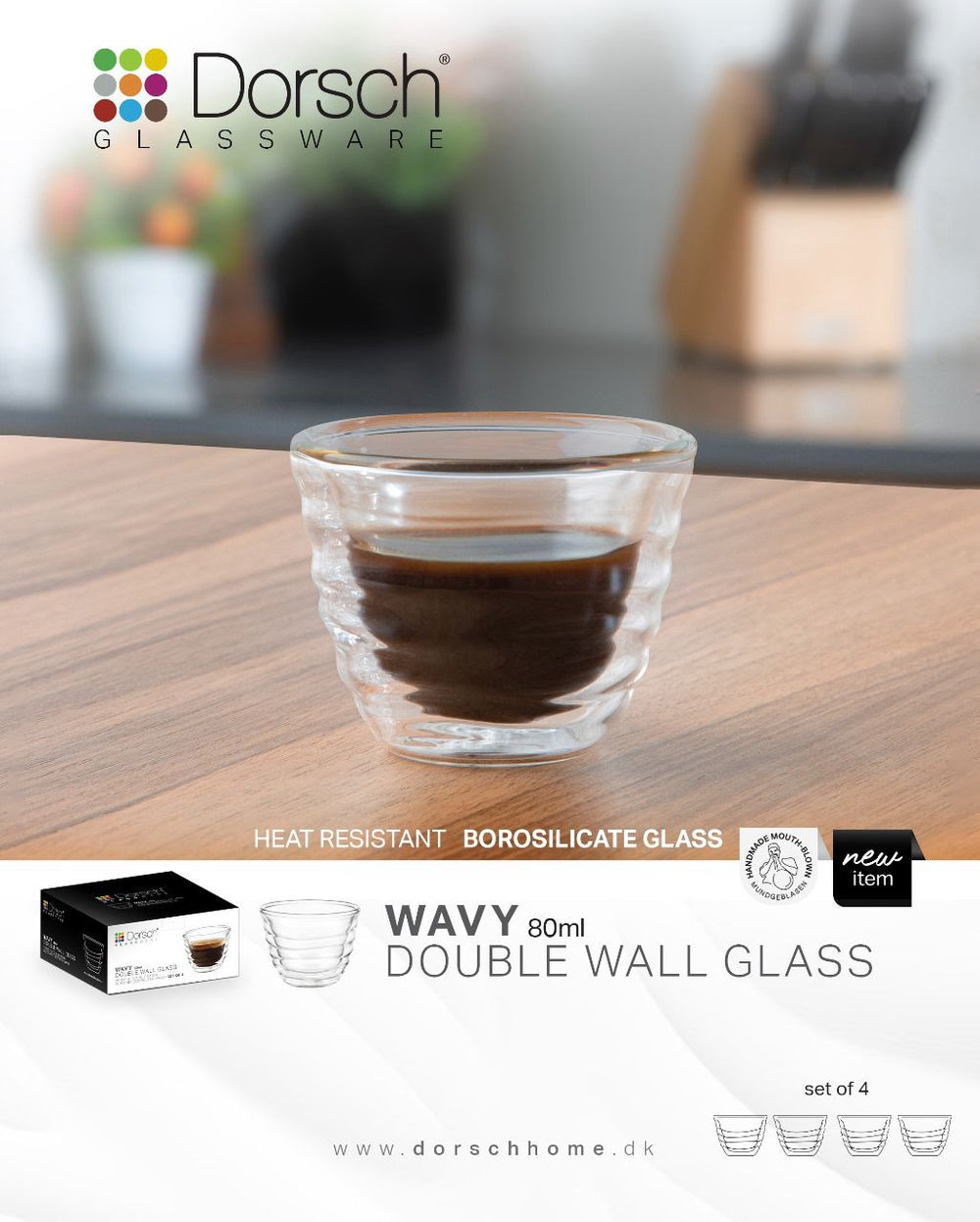 Wavy Double Glass Coffee Cups Set 4pcs