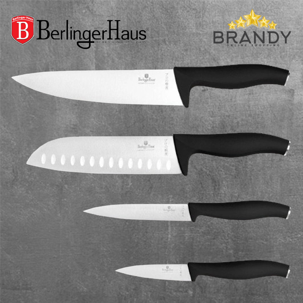 Set 4 Knives with Stainless Steel Blades, Ergonomic Wood Handles, Kitchen Essentials