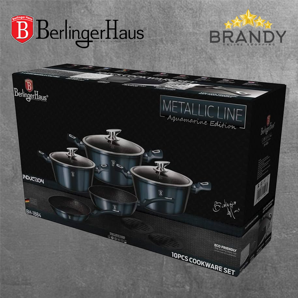 Aquamarine Metallic Cookware Set 10pcs Granite Non Stick Marble Coating