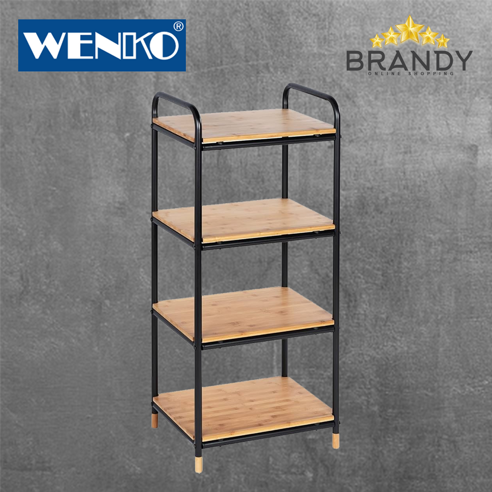 Wenko Loft Shelf with 4 Shelving Unit, Bamboo, Metal, Black
