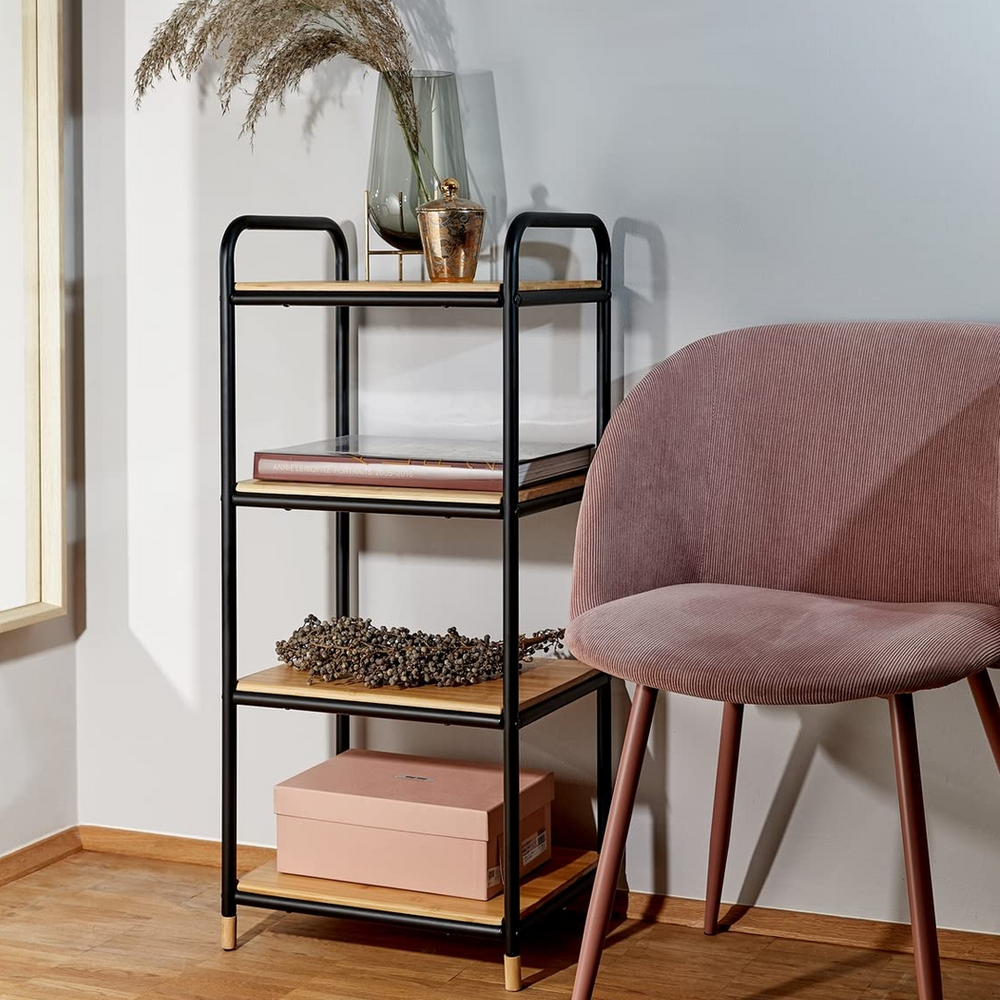 Wenko Loft Shelf with 4 Shelving Unit, Bamboo, Metal, Black