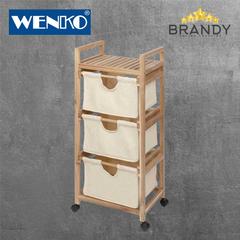 Wenko Acina Laundry Trolley with 3 Drawers - Natural Acacia Wood