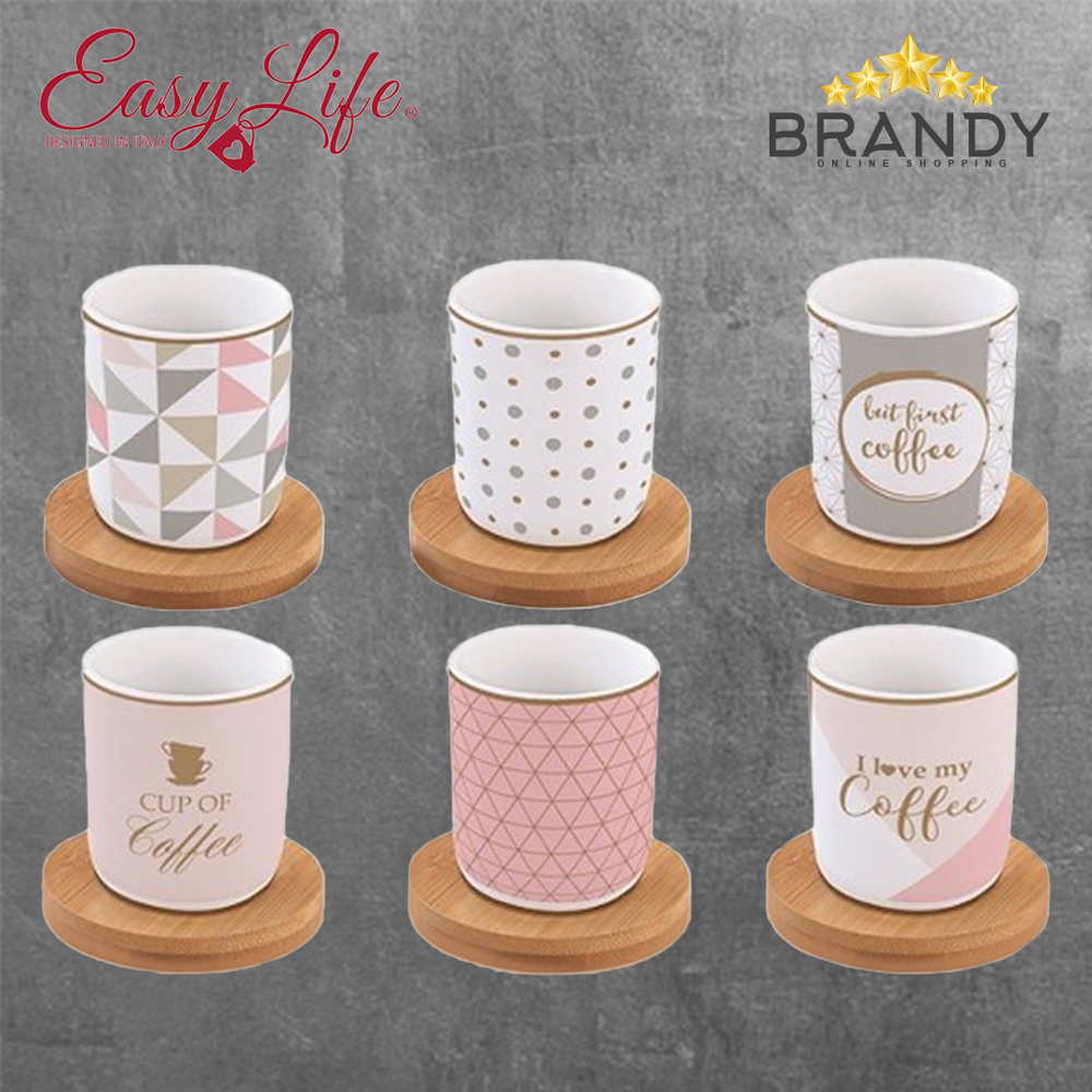 Love Espresso Cups Set 6pcs Porcelain with Bamboo Coasters
