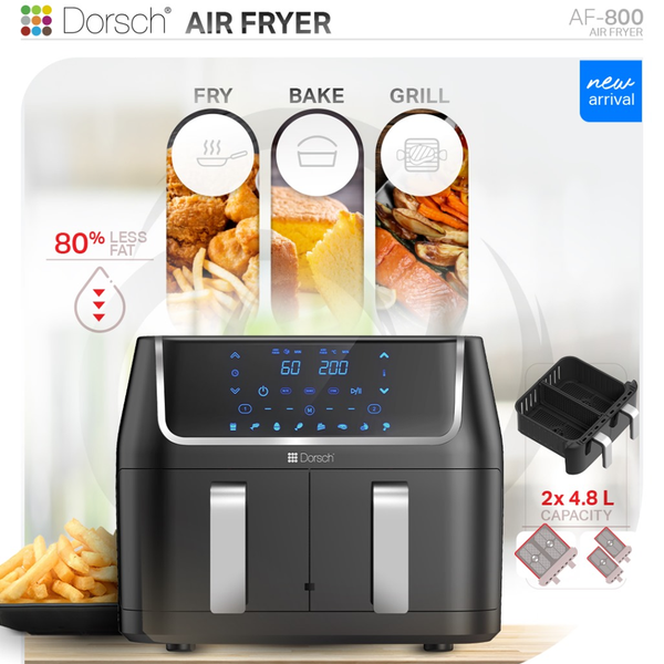 Dual Air Fryer Digital 4.8L+4.8L AF800 + Free 2 Pyrex Glass containers