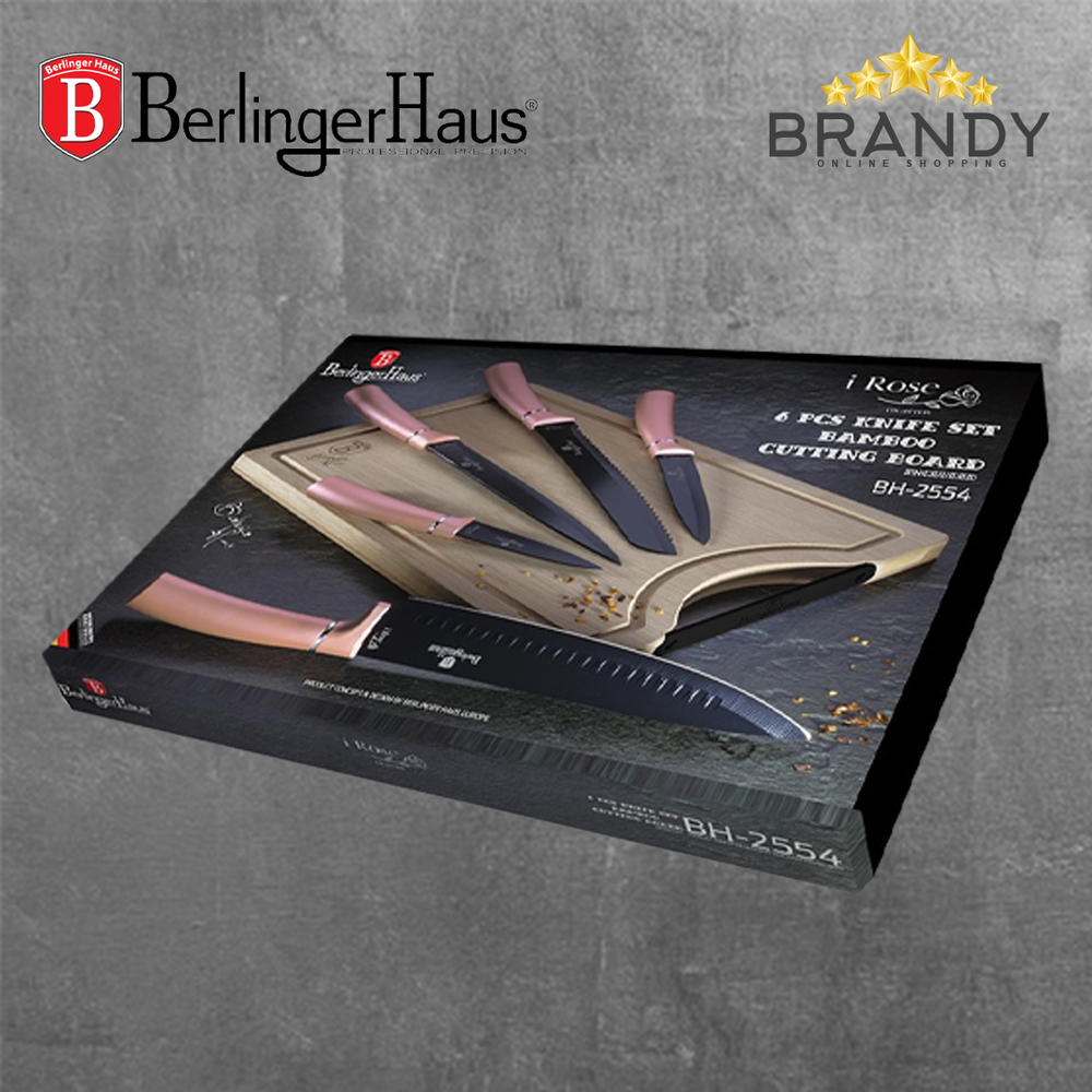Set 5 Stainless Steel Knives with Bamboo Cutting Board, Rose Gold Handles
