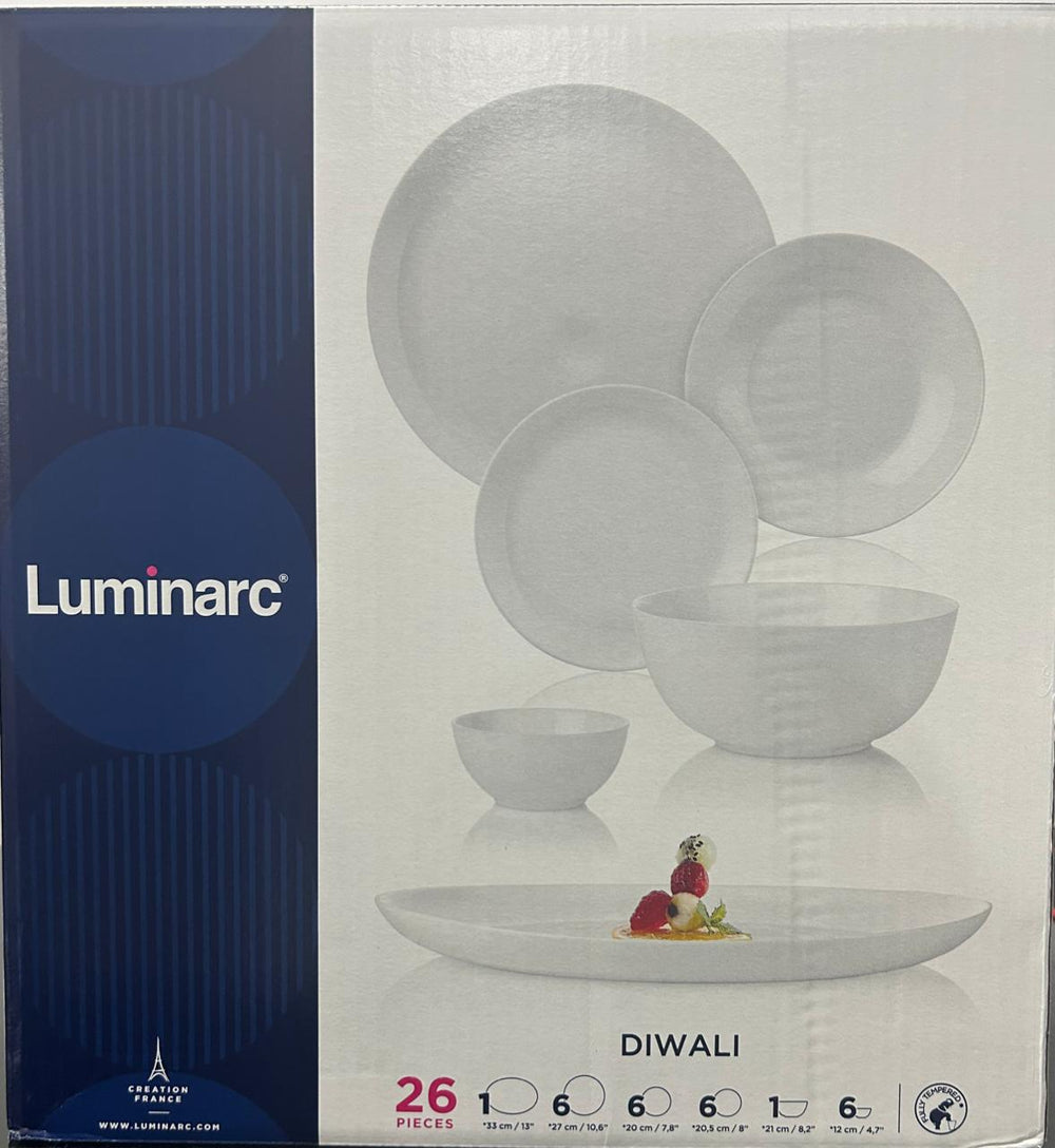 Neo Diwali White Dinner Set 26pcs Opal Glass