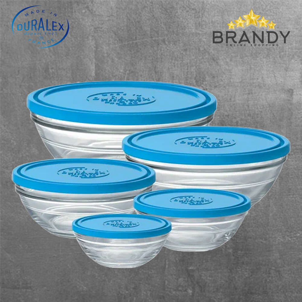 Lys Set 5 Round Food Containers - Tempered Glass, Blue, Microwave Safe
