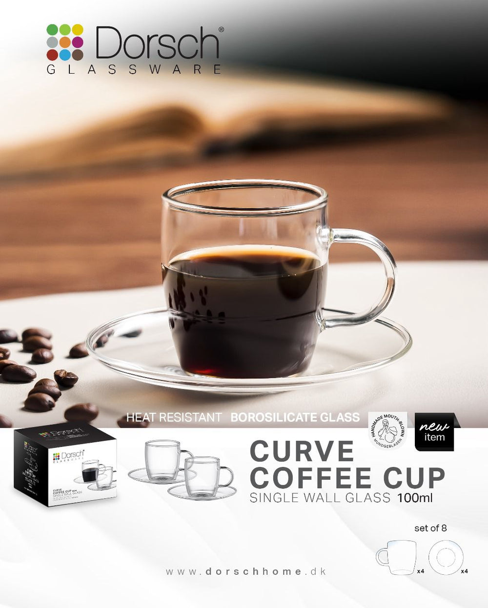 Curve Glass Coffee Cups Set 4pcs, 100ml