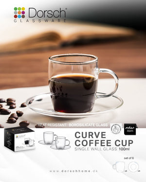 Curve Glass Coffee Cups Set 4pcs, 100ml