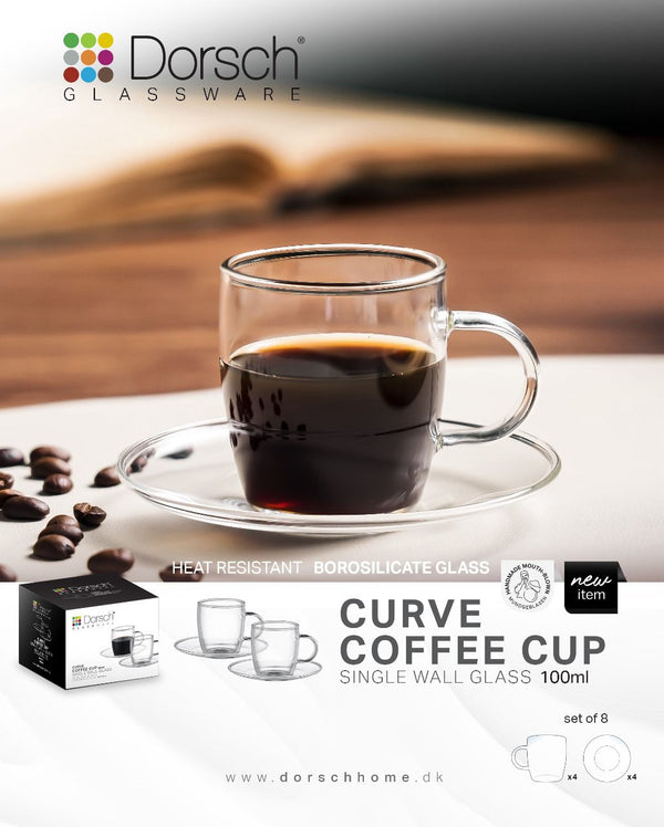 Curve Glass Coffee Cups Set 4pcs, 100ml