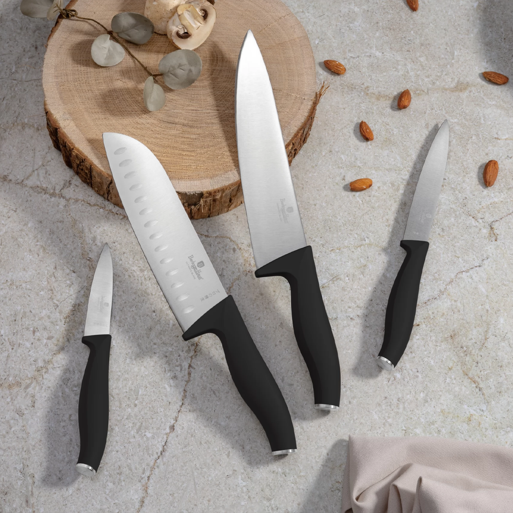 Set 4 Knives with Stainless Steel Blades, Ergonomic Wood Handles, Kitchen Essentials