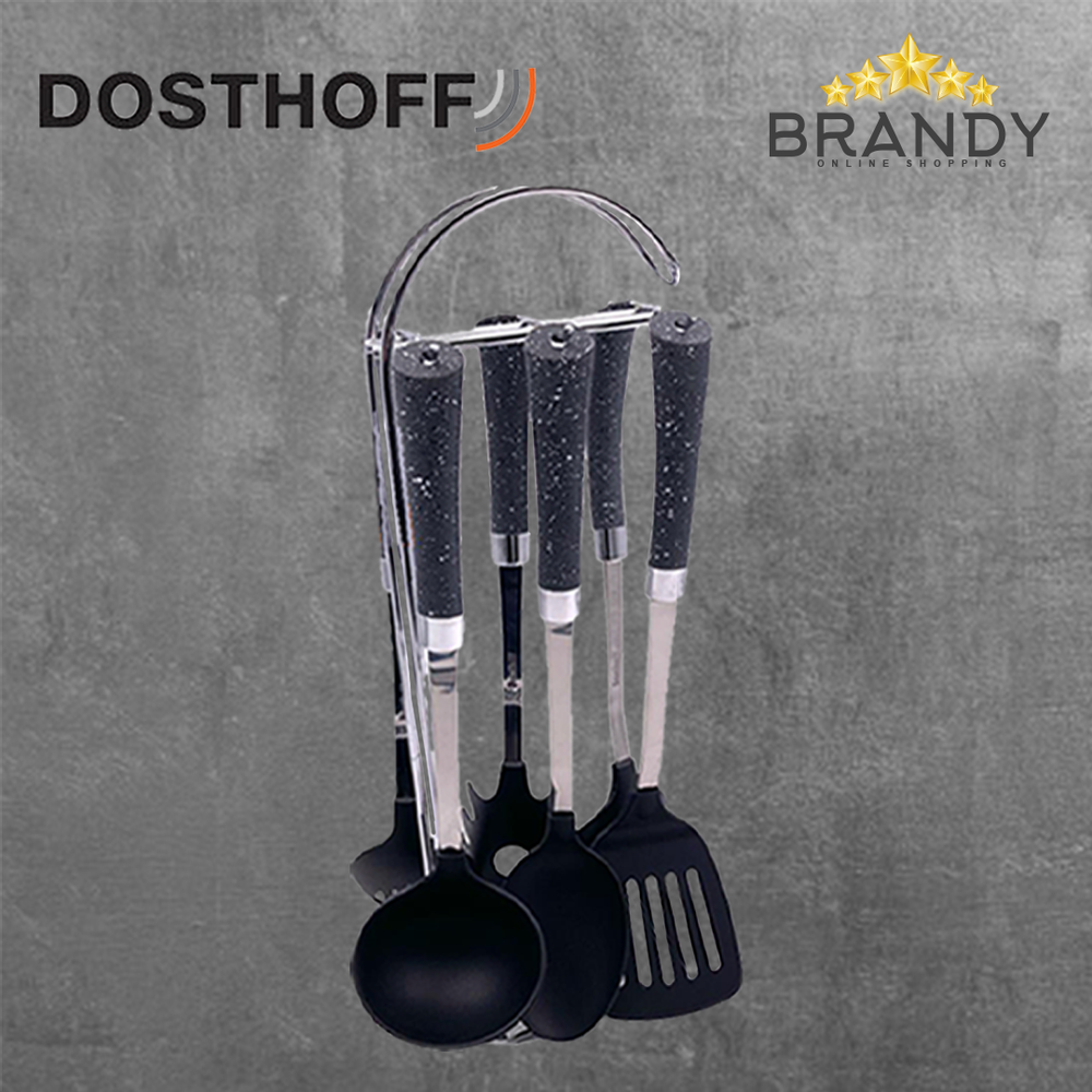 Utensils Set With Stand - 7pcs, Grey Plastic
