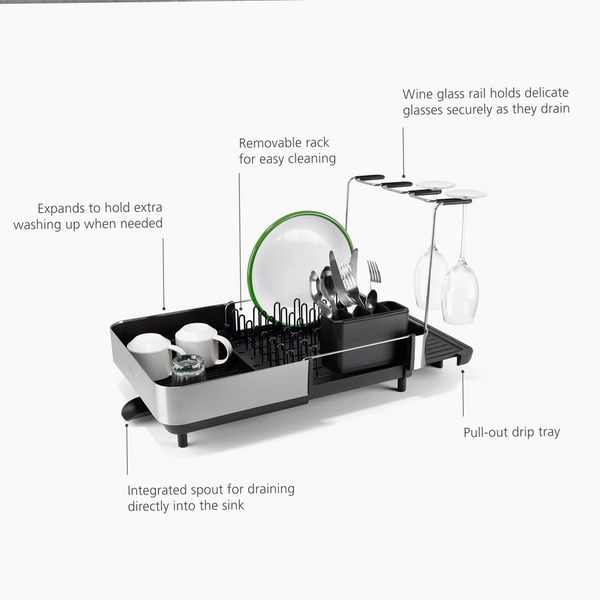 Joseph Joseph Extend™ Steel Plus Expandable Black Dish Drainer with Wine Glass Rack