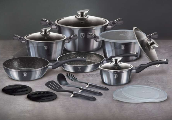 Carbon Metallic Cookware Set 18pcs Non Stick Granite Marble Coating