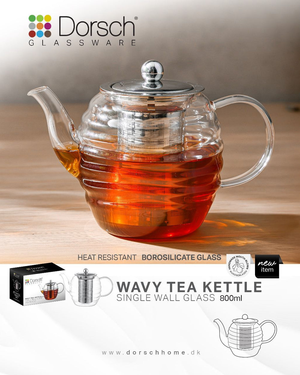 Wavy Glass Tea Pot with Infuser, 800ml & 1200ml