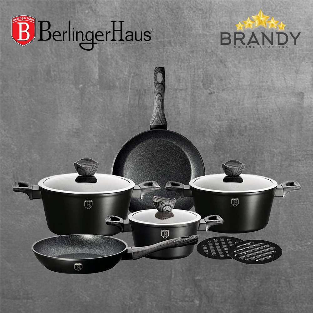 Ebony Wood Cookware Set 10pcs Granite Non Stick Marble Coating