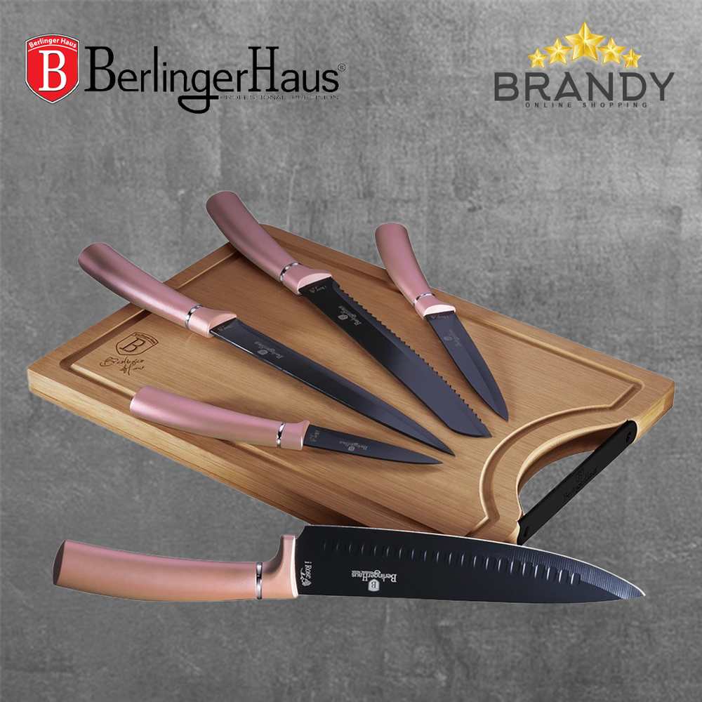 Set 5 Stainless Steel Knives with Bamboo Cutting Board, Rose Gold Handles