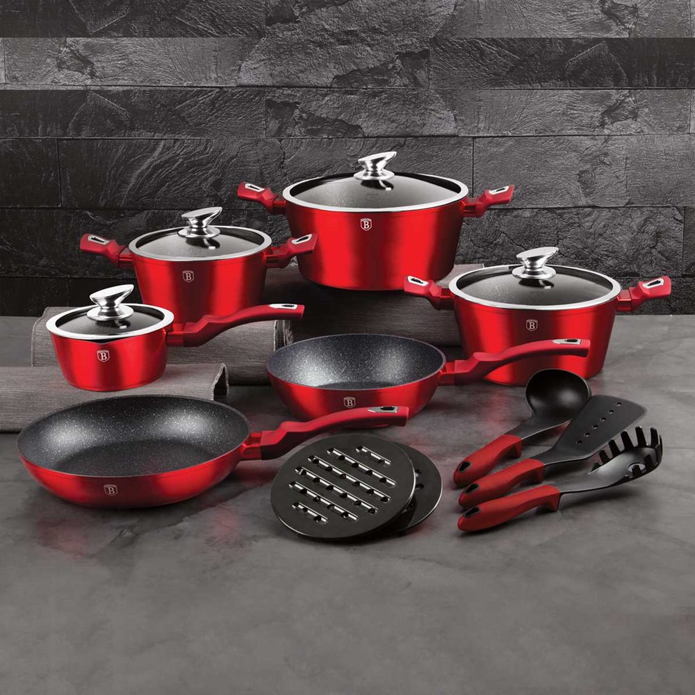 Burgundy Metallic Cookware Set 15pcs Granite Non Stick Marble Coating