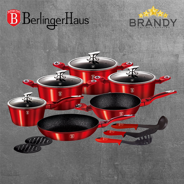 Burgundy Metallic Cookware Set 15pcs Granite Non Stick Marble Coating