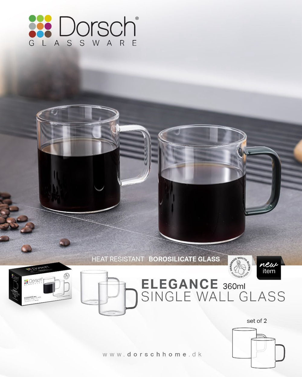 Elegance Glass Mugs Set 2pcs - Heat Resistant Borosilicate