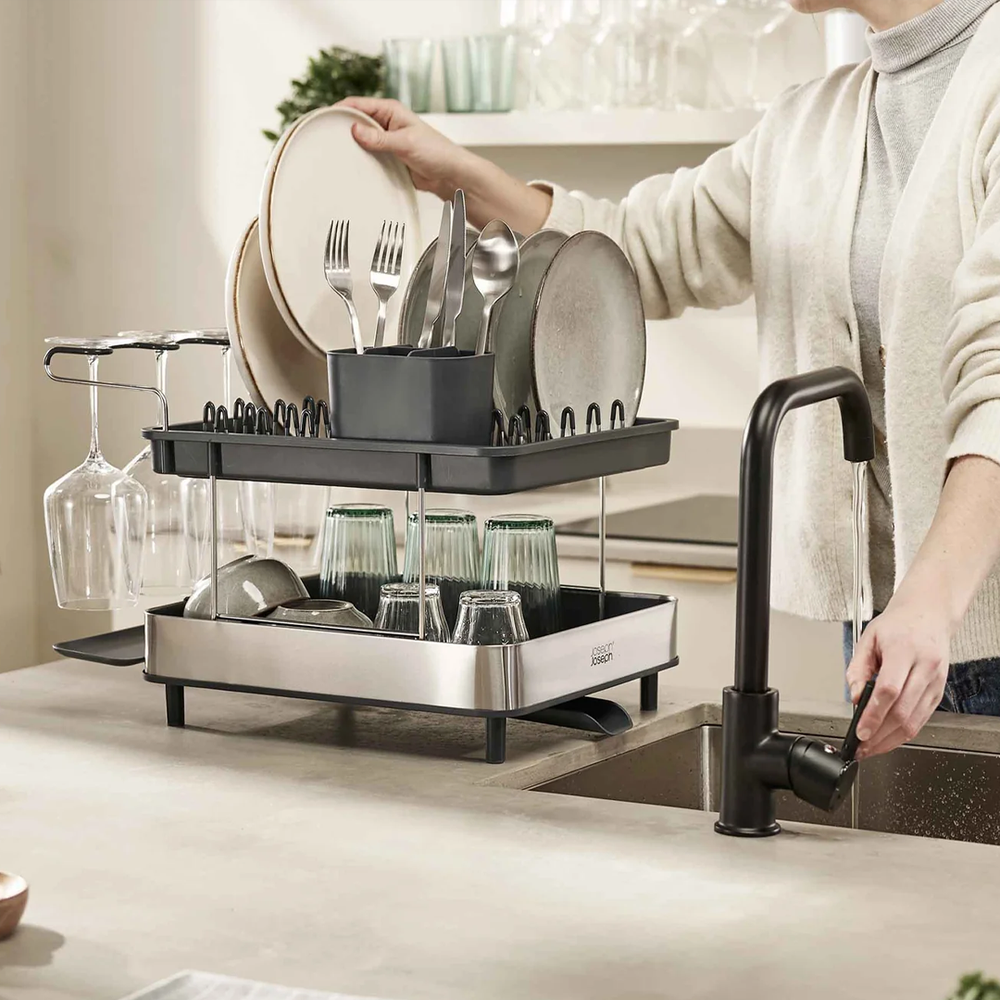 Stainless Steel 2-Tier Dish Rack with Wine Glass Holder
