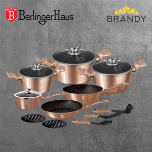 Rose Gold Metallic Cookware Set 15pcs Non Stick Granite Marble Coating