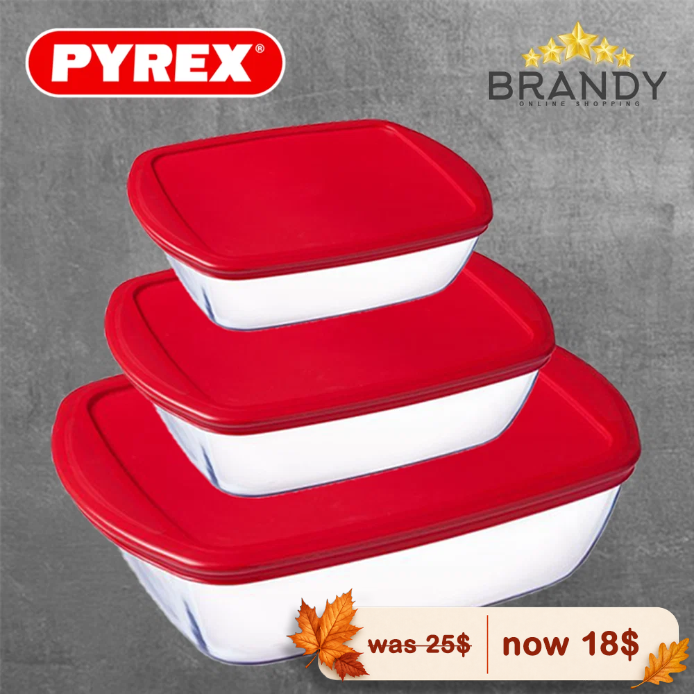 Pyrex Cook and Store Rectangular Glass Set 3 with Red Lids