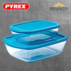 Pyrex Cook & Store Rectangular Glass Containers 1.1L & 2.5L Blue Lids-1