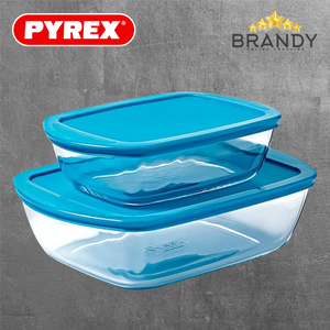 Pyrex Cook & Store Rectangular Glass Containers 1.1L & 2.5L Blue Lids-1