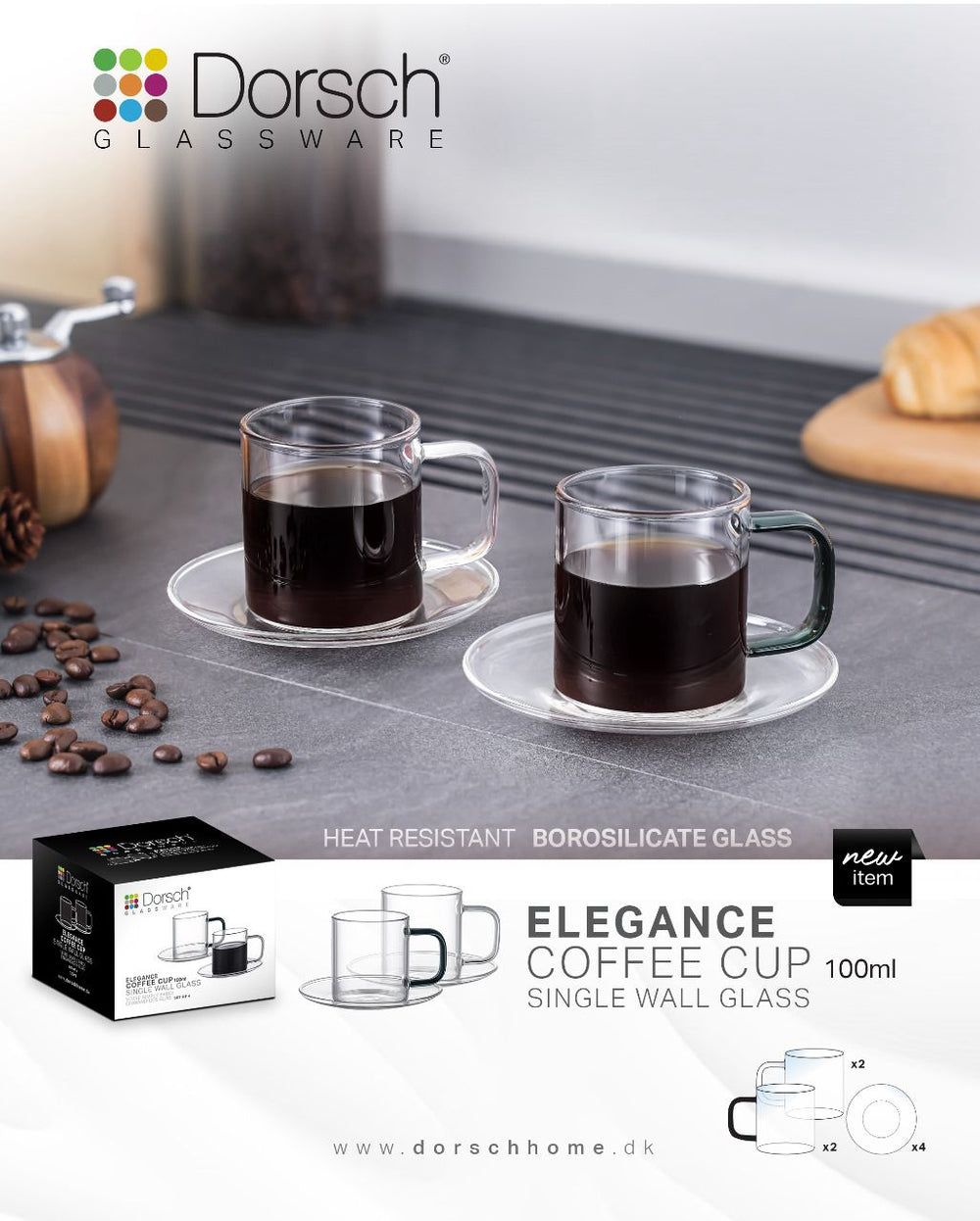 Elegance Glass Coffee Cups Set 4pcs