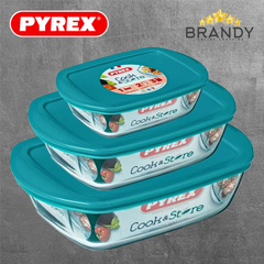 Pyrex Cook and Store Rectangular Glass Containers Set 3pc Green Lids