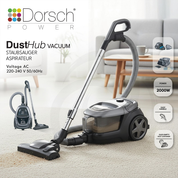 Dorsch DustHub DH-07020 Vacuum Cleaner 2000W One-Button Dust Emptying + Free Luminarc 2 Glass Containers
