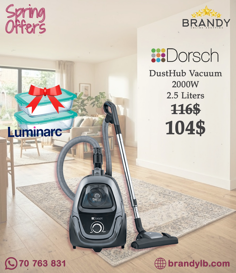 Dorsch DustHub DH-07020 Vacuum Cleaner 2000W One-Button Dust Emptying + Free Luminarc 2 Glass Containers