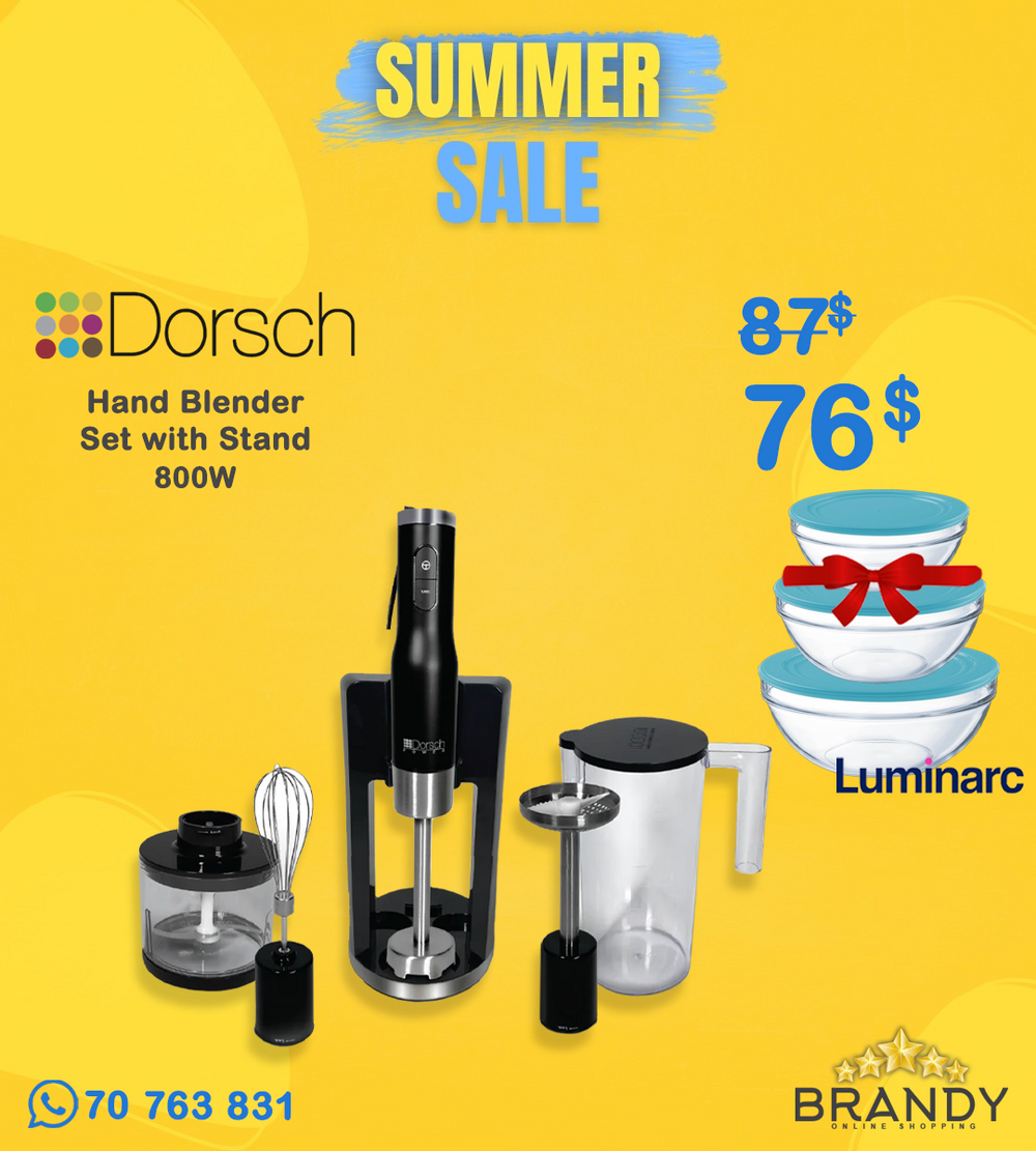 Dorsch Hand Blender DH-07201 800W with 5 Attachments and Stand + Free Luminarc 3 Glass Bowls