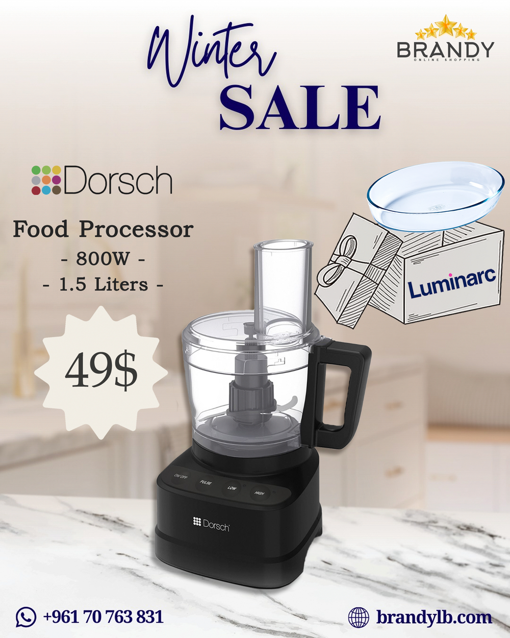 Compact Food Processor 1.5L - 800W - DH-07215 + Free Luminarc Roaster