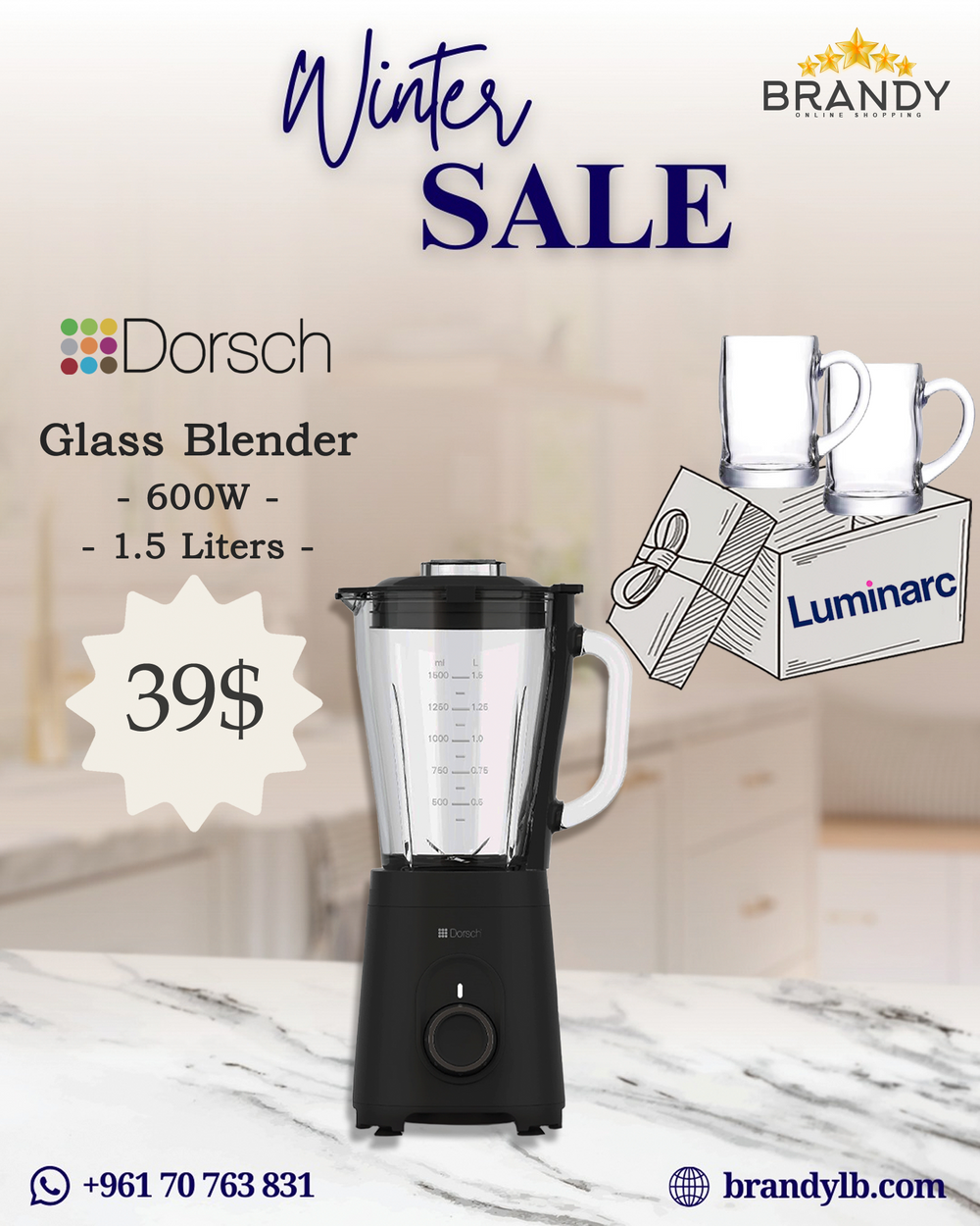 Glass Blender 1.5L SB-150 with Variable Speed + Free Luminarc 2 Mugs