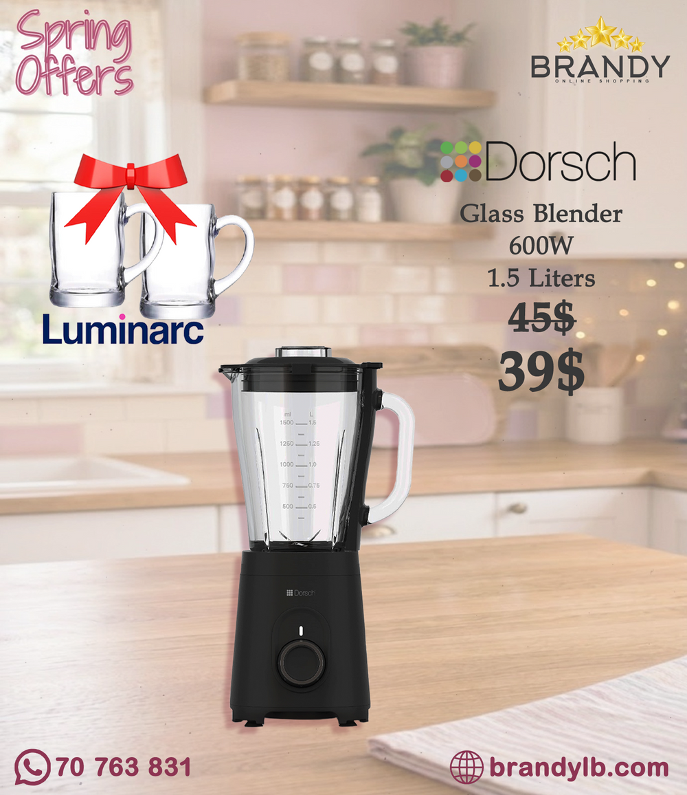 Dorsch SB-150 Glass Blender 1.5L 600W Variable Speed + Free Luminarc Benidrom 2 Mugs