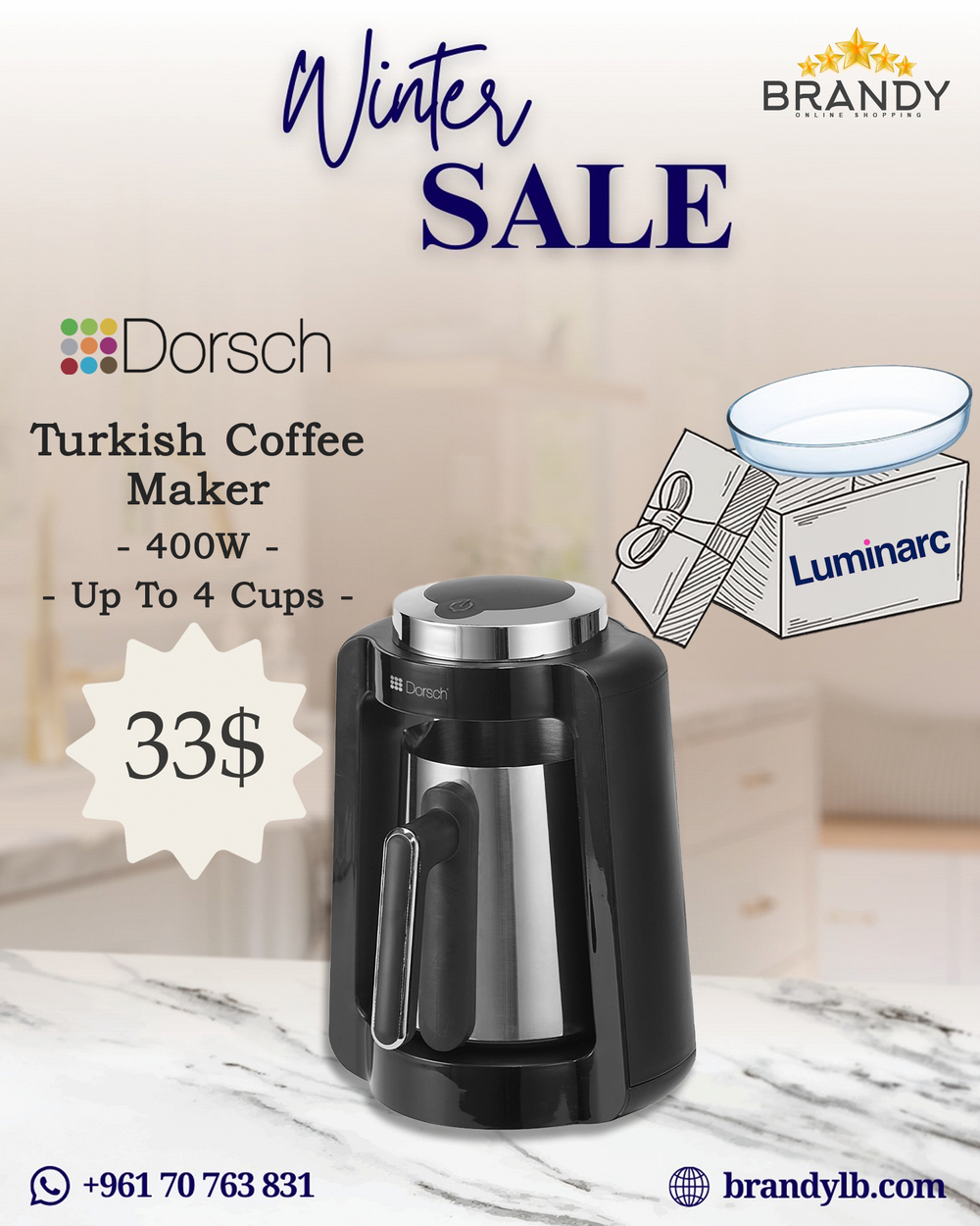 Turkish Coffee Maker DH-07510, 4 Cup Capacity + Free Luminarc Oven Roaster